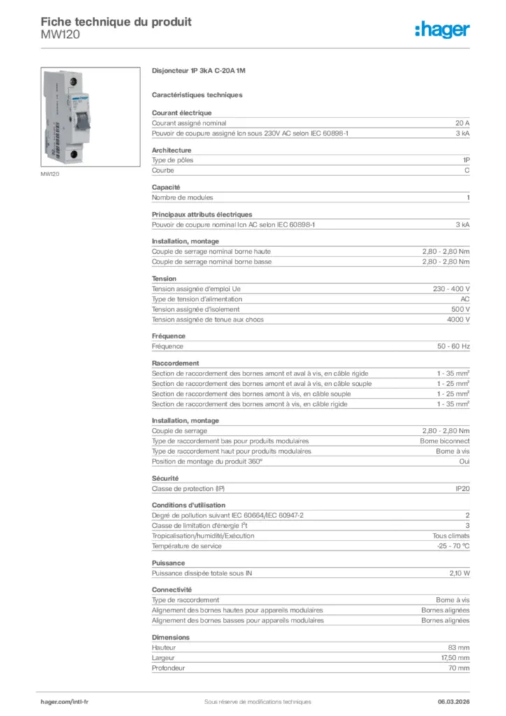 Image Hager Fiche technique du produit MW120 | Hager Afrique
