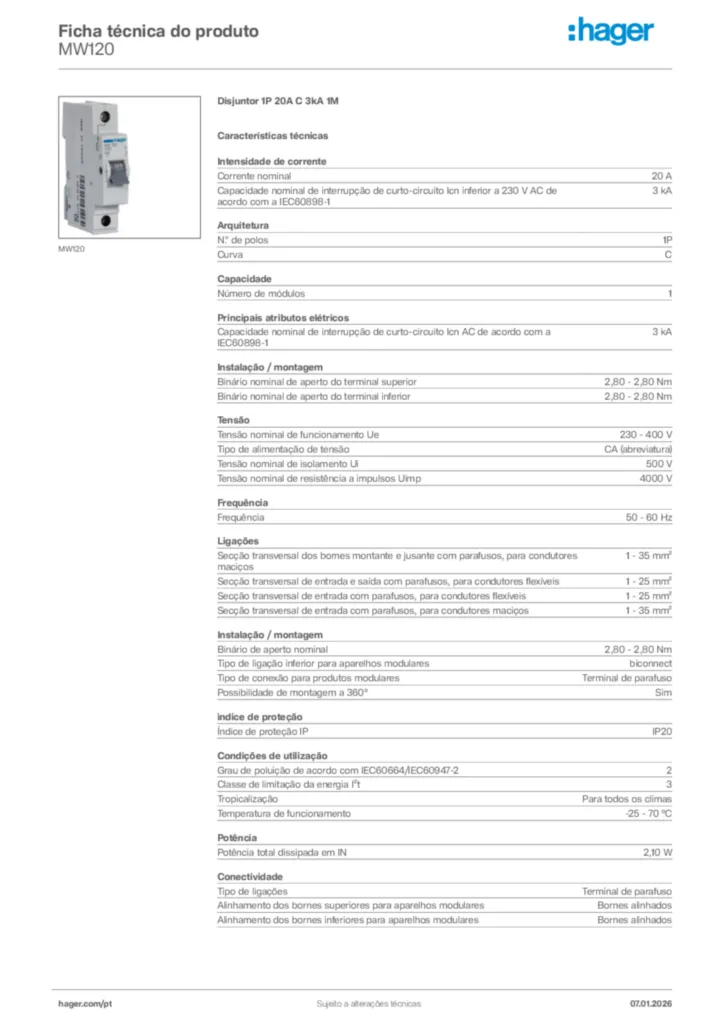 Imagem Hager Ficha técnica do produto MW120 | Hager Portugal