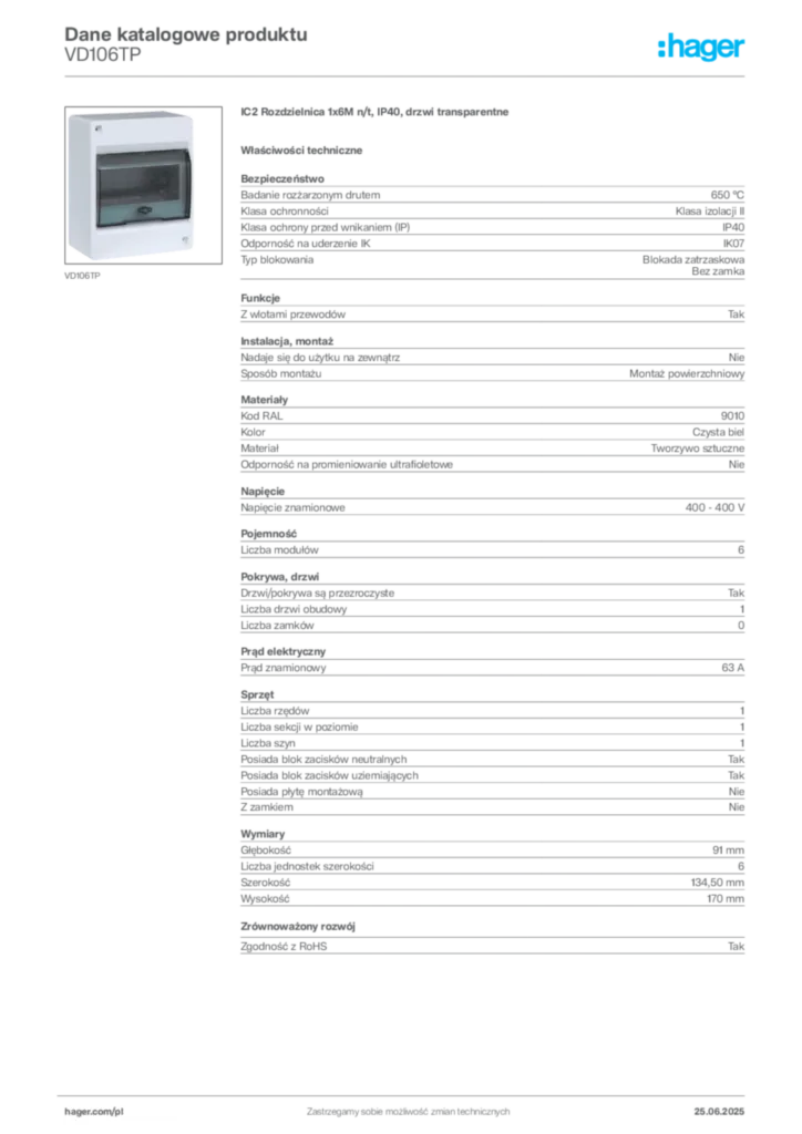 Zdjęcie Hager Karta katalogowa VD106TP | Hager Polska