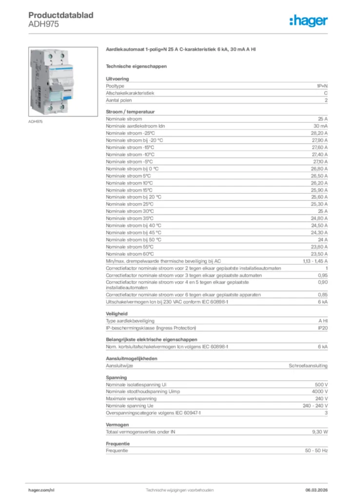 Afbeelding Hager Productdatablad ADH975 | Hager Nederland