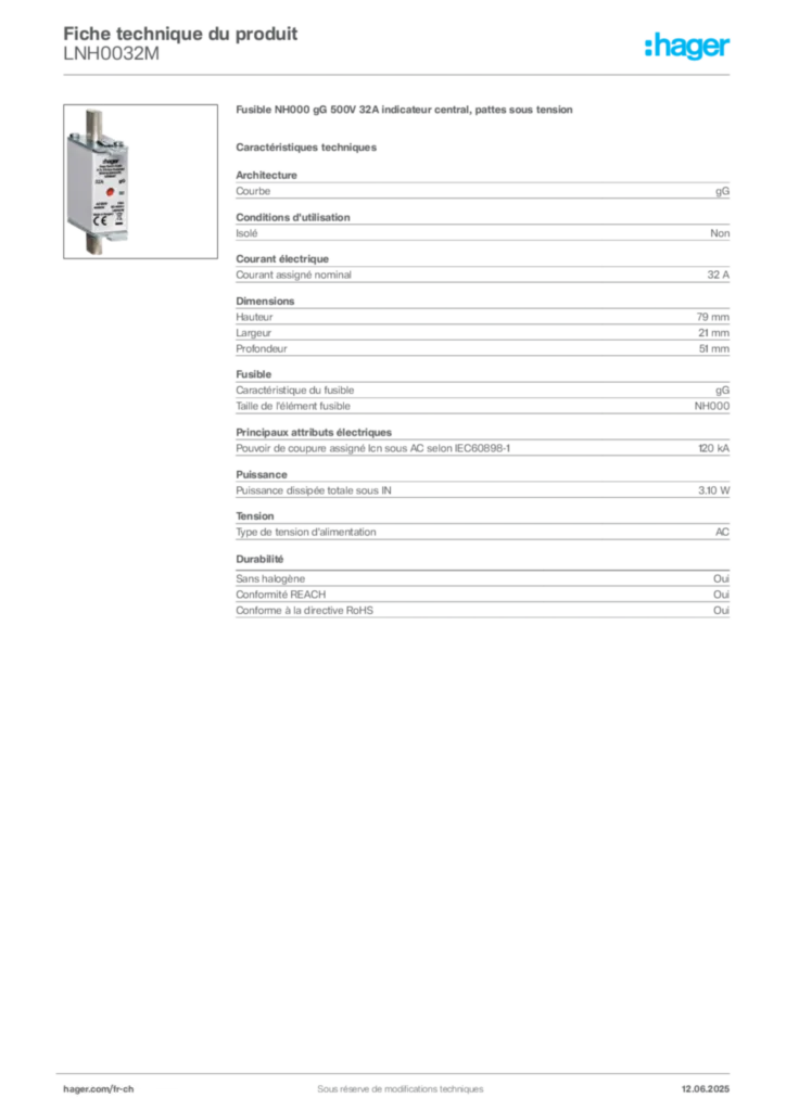 Image Hager Fiche technique du produit LNH0032M | Hager Suisse