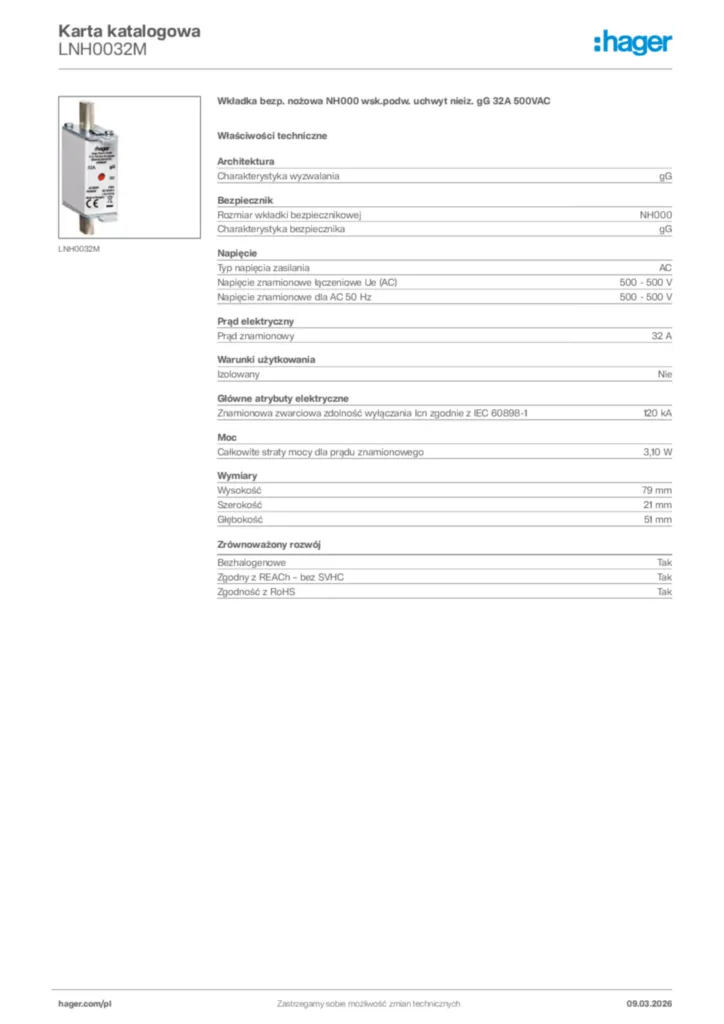 Zdjęcie Hager Karta katalogowa LNH0032M | Hager Polska
