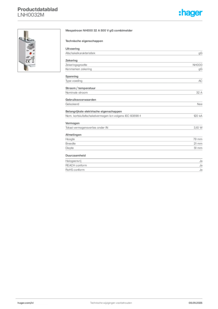 Afbeelding Hager Productdatablad LNH0032M | Hager Nederland