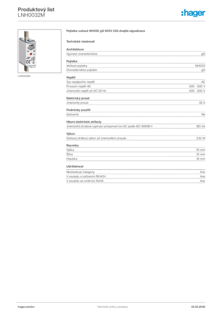 Obrázek Hager Product data sheet LNH0032M | Hager