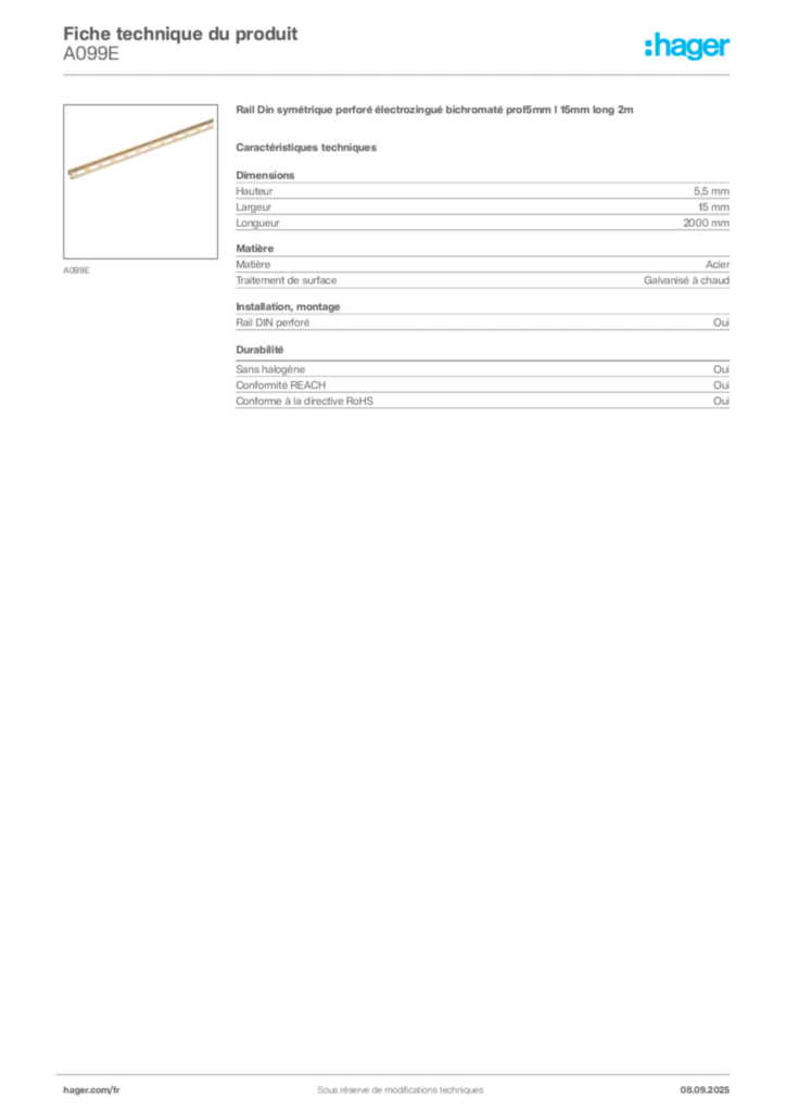 Image Hager Fiche technique du produit A099E | Hager France