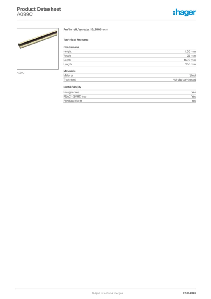 Image Hager Product data sheet A099C  | Hager Africa