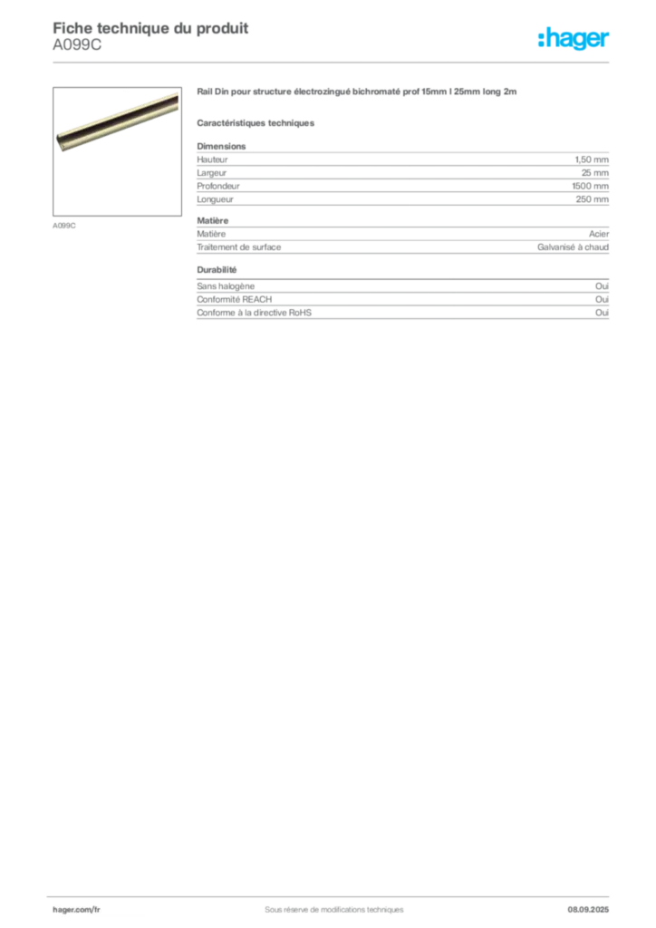 Image Hager Fiche technique du produit A099C | Hager France