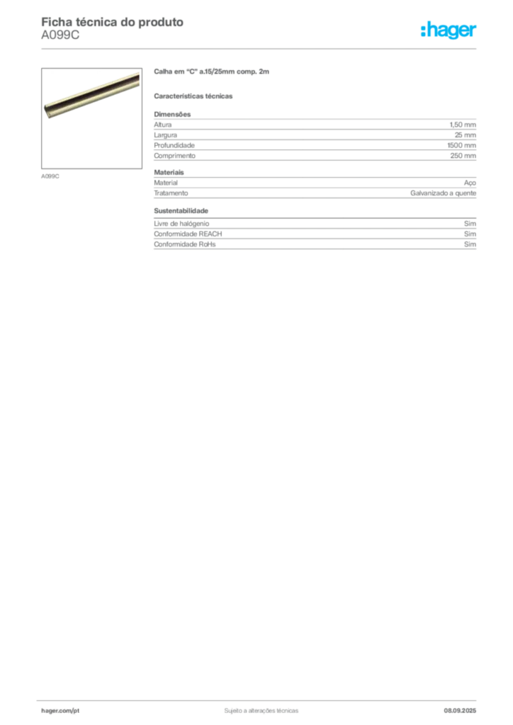 Imagem Hager Ficha técnica do produto A099C | Hager Portugal