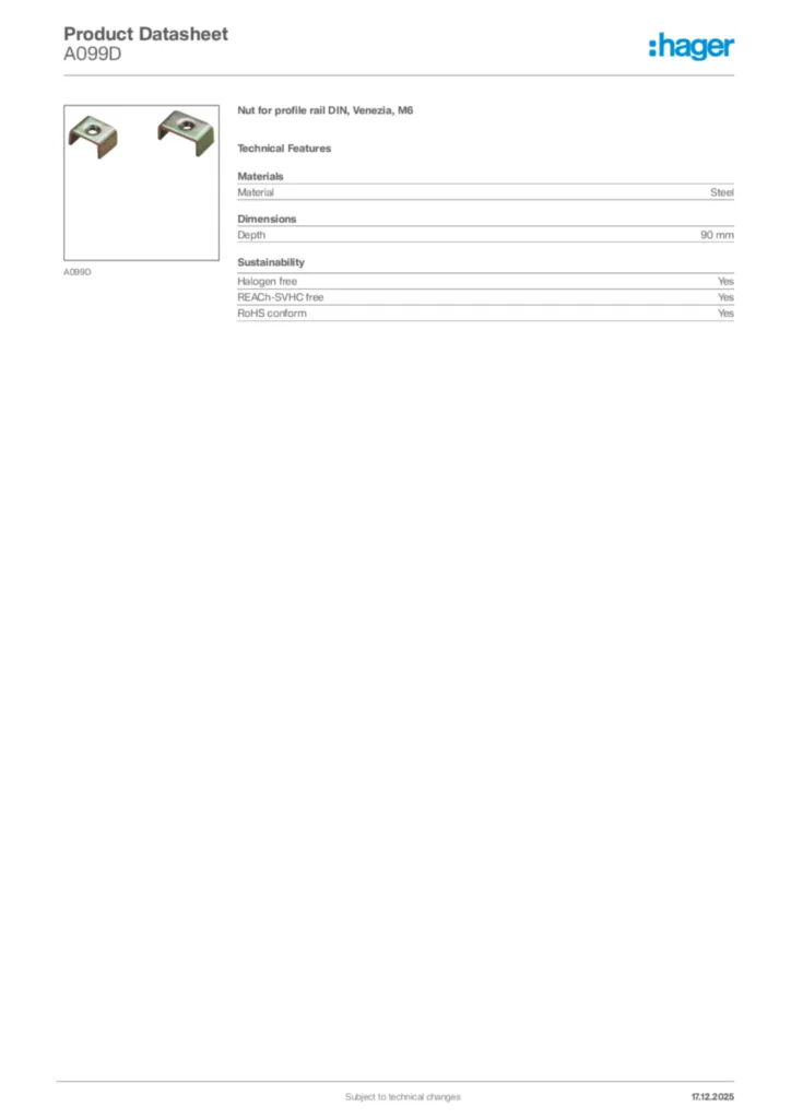 Image Hager Product data sheet A099D  | Hager Africa