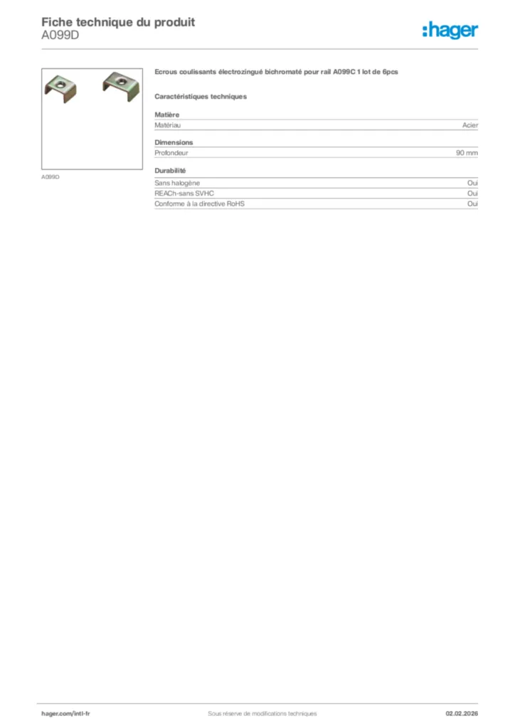 Image Hager Fiche technique du produit A099D | Hager Afrique