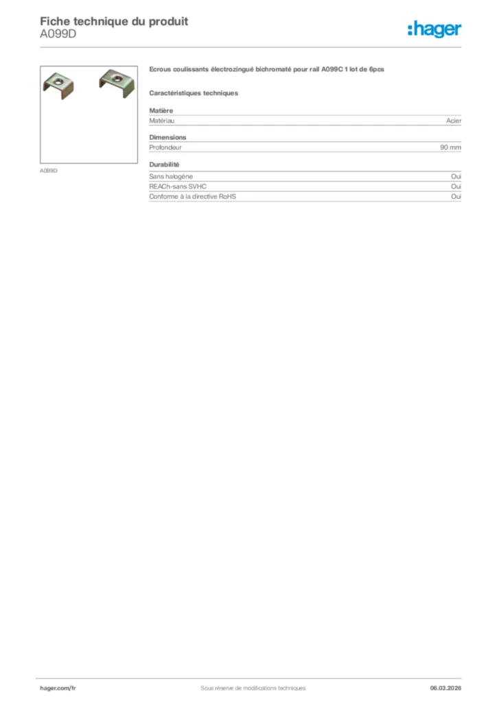 Image Hager Fiche technique du produit A099D | Hager France