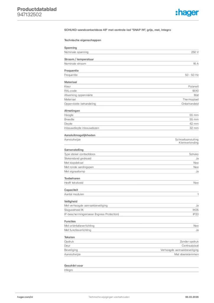 Afbeelding Hager Productdatablad 947132502 | Hager Nederland