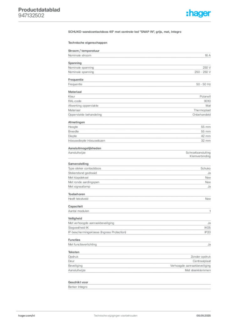 Afbeelding Hager Productdatablad 947132502 | Hager Nederland