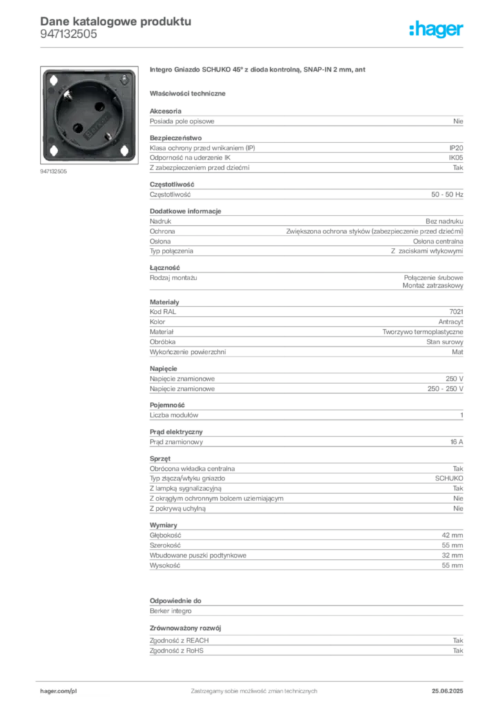 Zdjęcie Hager Karta katalogowa 947132505 | Hager Polska