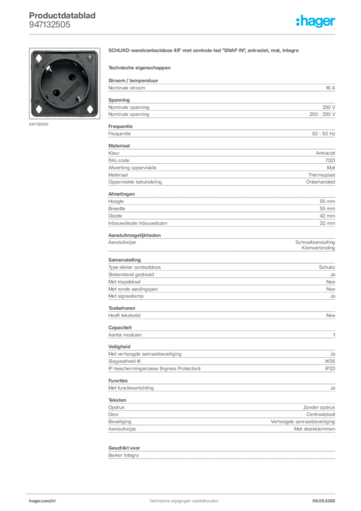 Afbeelding Hager Productdatablad 947132505 | Hager Nederland