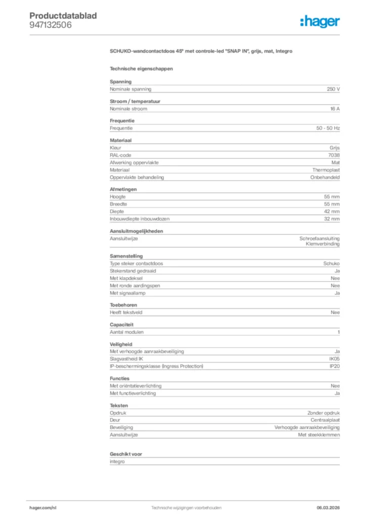 Afbeelding Hager Productdatablad 947132506 | Hager Nederland