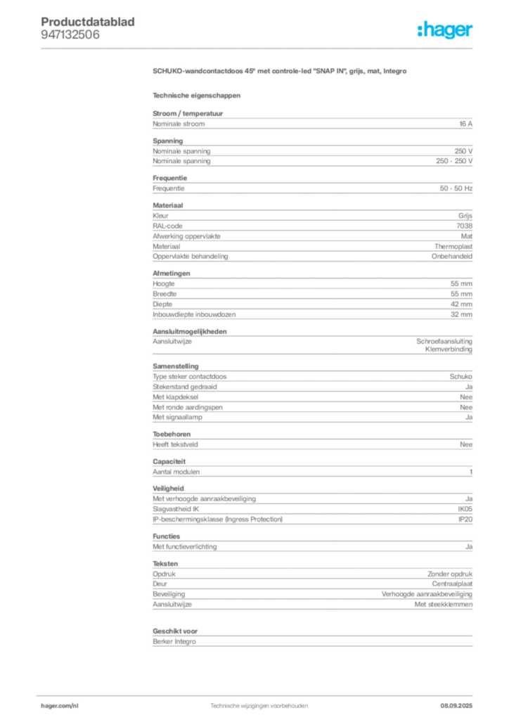 Afbeelding Hager Productdatablad 947132506 | Hager Nederland