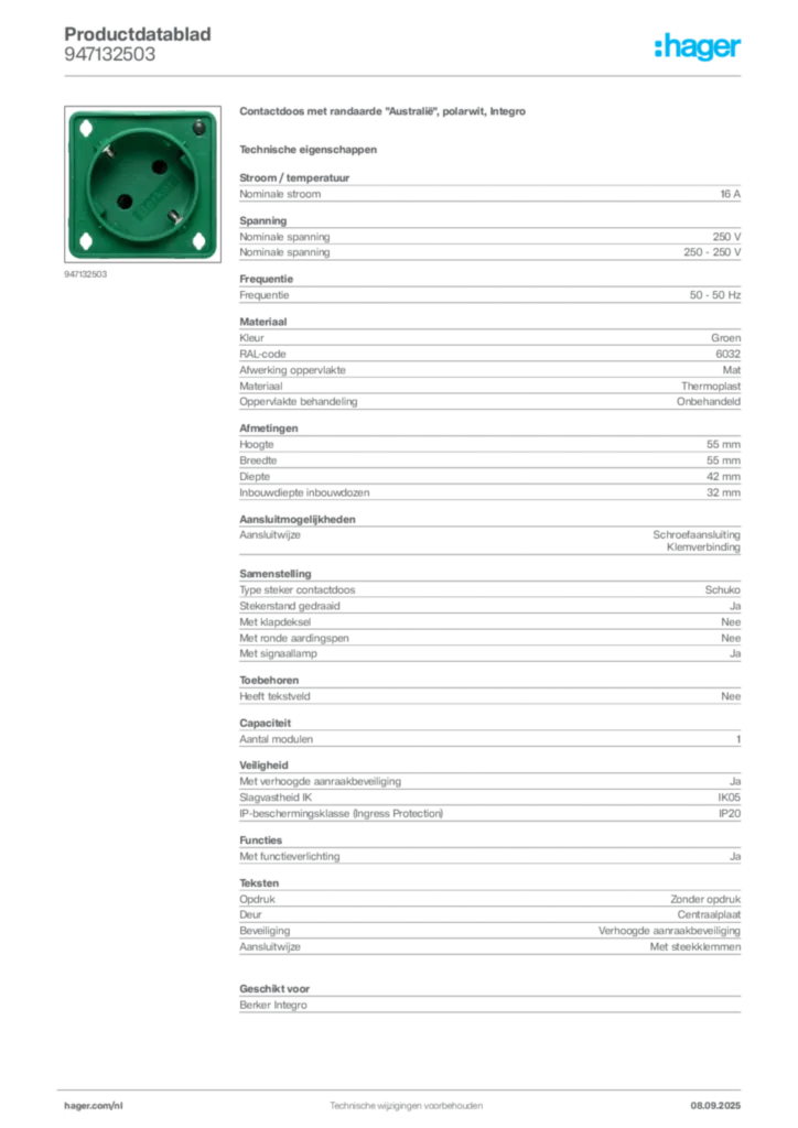 Afbeelding Hager Productdatablad 947132503 | Hager Nederland