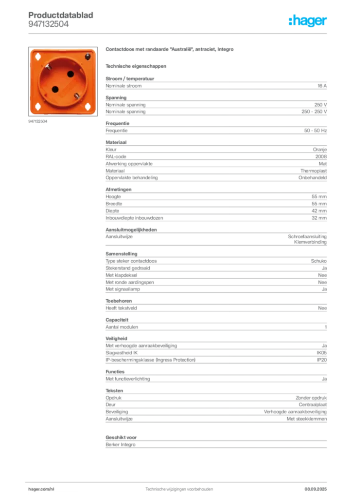 Afbeelding Hager Productdatablad 947132504 | Hager Nederland
