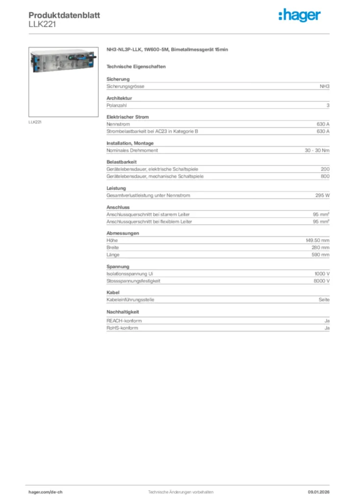 Bild Hager Produktdatenblatt LLK221 | Hager Schweiz