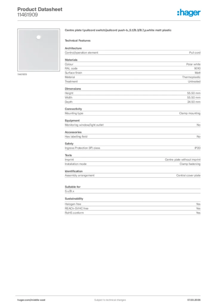 Image Hager Product data sheet 11461909  | Hager