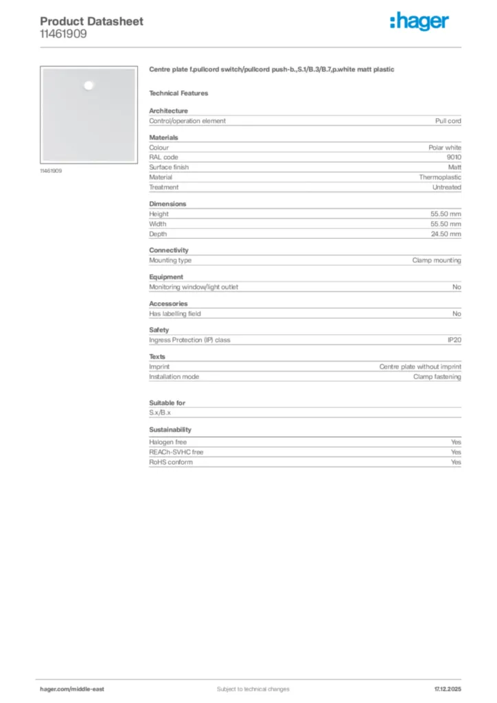 Image Hager Product data sheet 11461909  | Hager