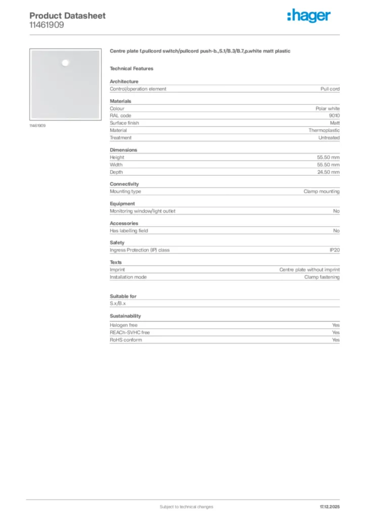 Image Hager Product data sheet 11461909  | Hager