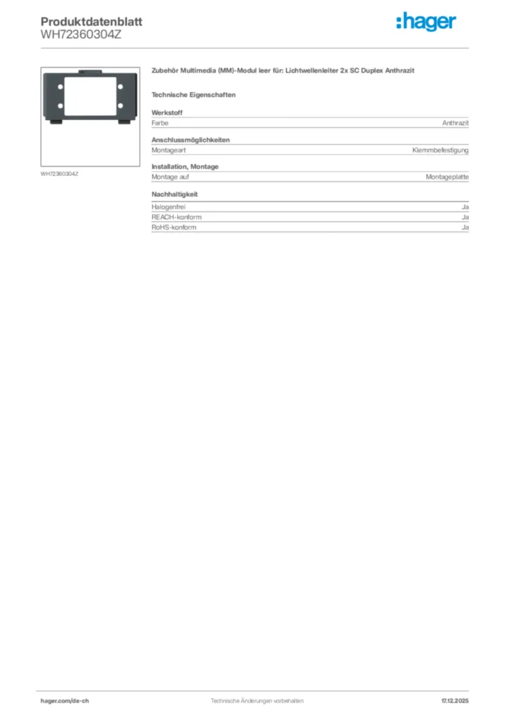 Bild Hager Produktdatenblatt WH72360304Z | Hager Schweiz