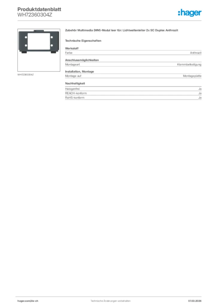 Bild Hager Produktdatenblatt WH72360304Z | Hager Schweiz