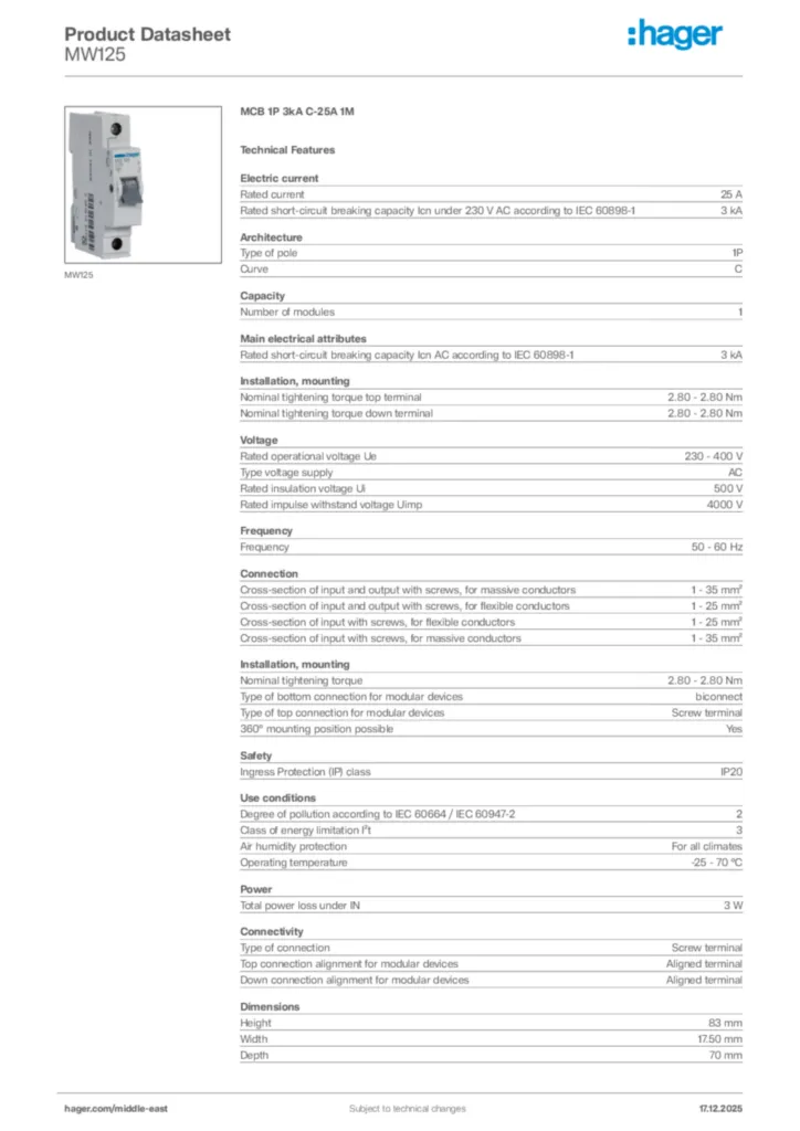 Image Hager Product data sheet MW125  | Hager
