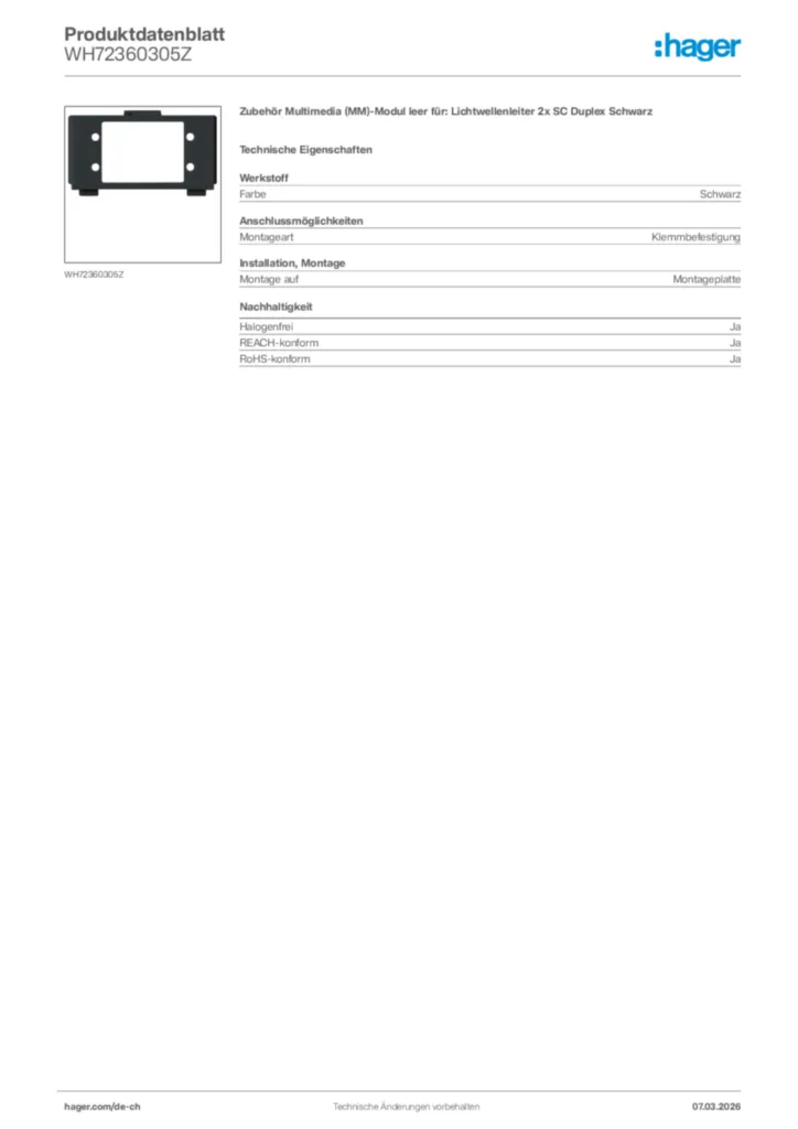 Bild Hager Produktdatenblatt WH72360305Z | Hager Schweiz