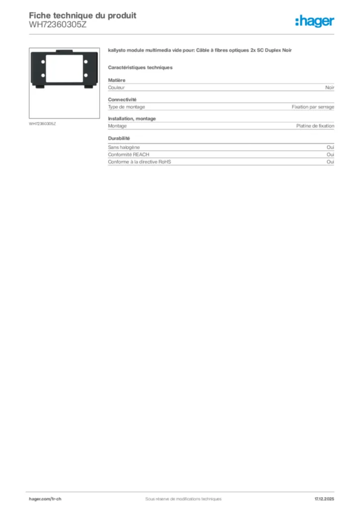 Image Hager Fiche technique du produit WH72360305Z | Hager Suisse