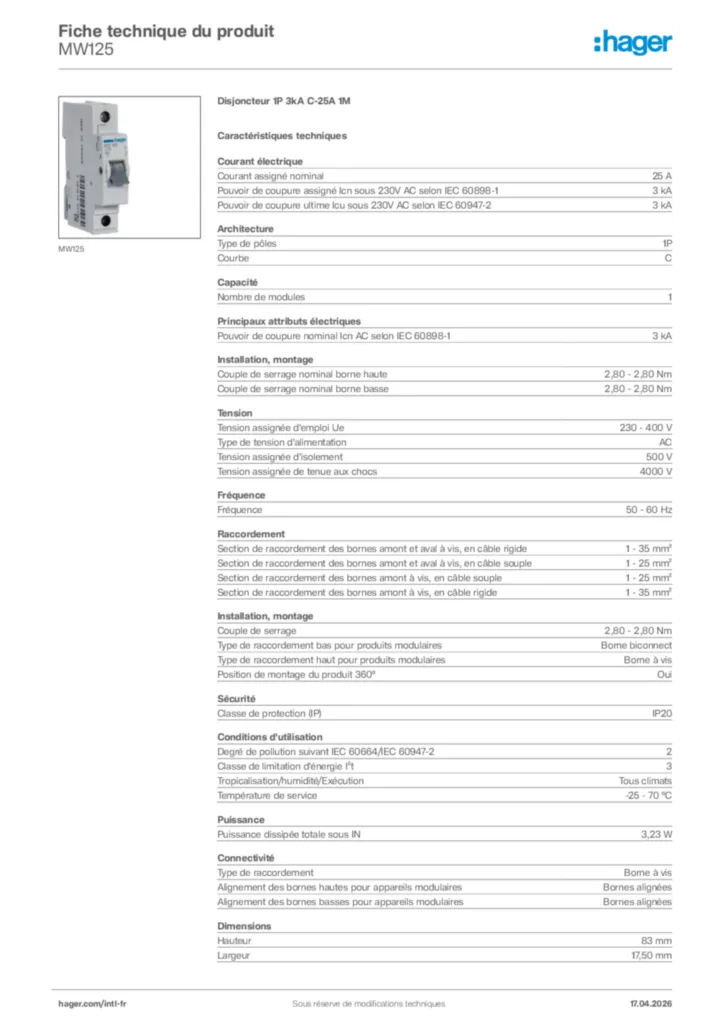 Image Hager Fiche technique du produit MW125 | Hager Afrique