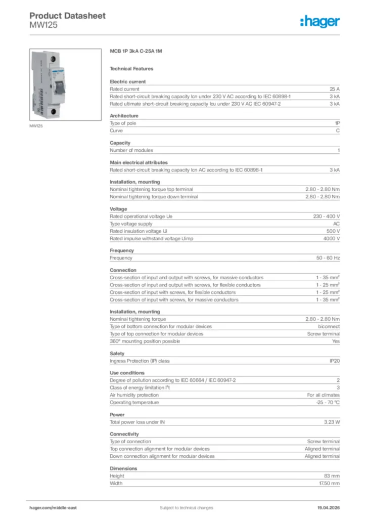 Image Hager Product data sheet MW125  | Hager