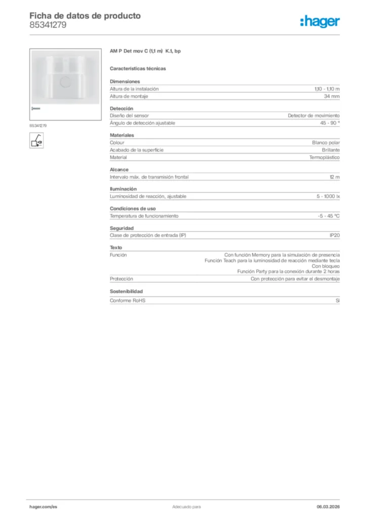 Imagen Hager Ficha de datos de producto 85341279 | Hager España