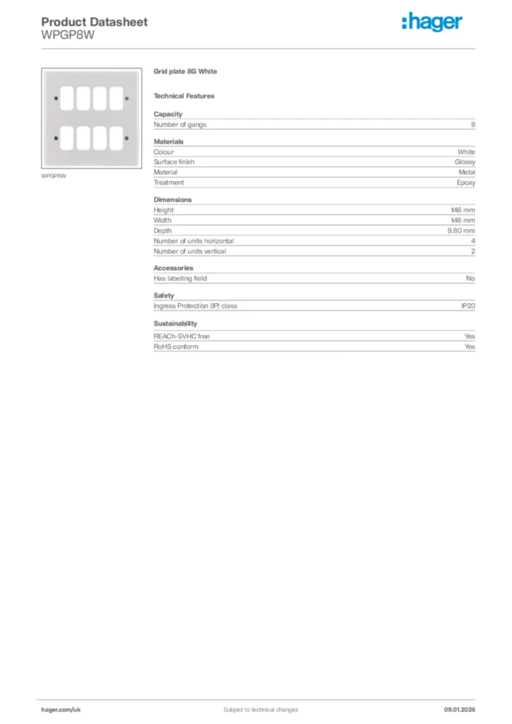 Image Hager Product data sheet WPGP8W  | Hager