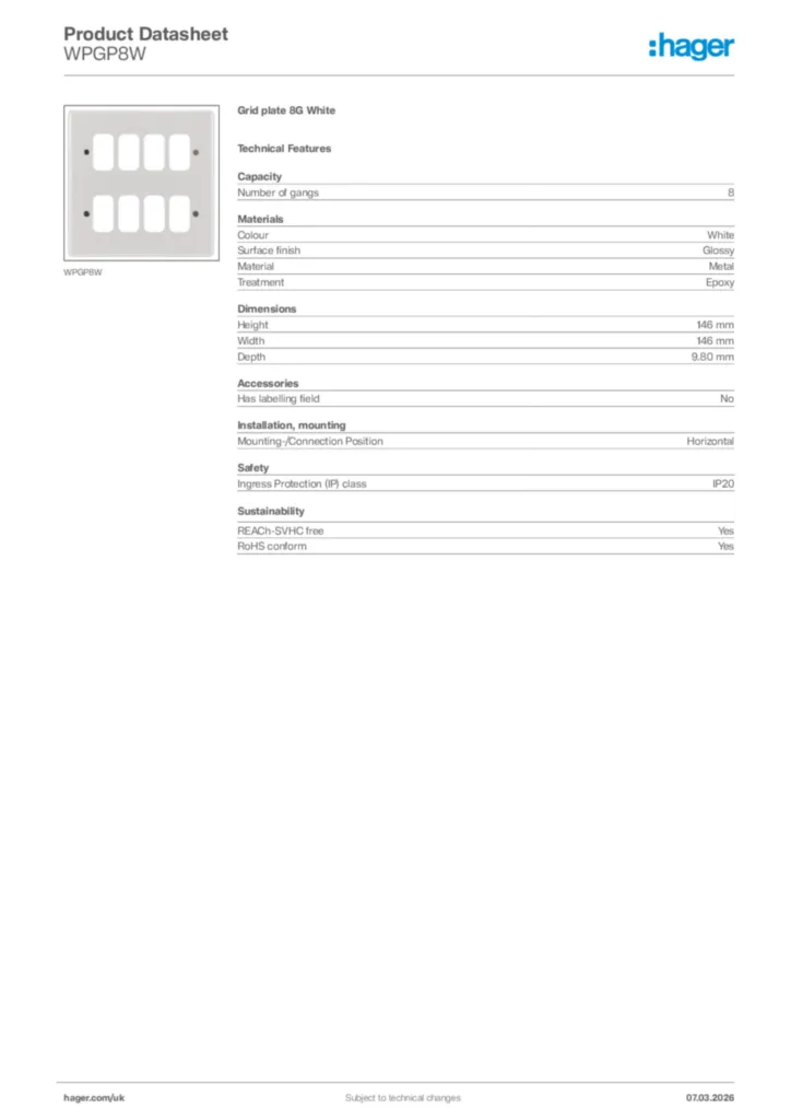 Image Hager Product data sheet WPGP8W  | Hager