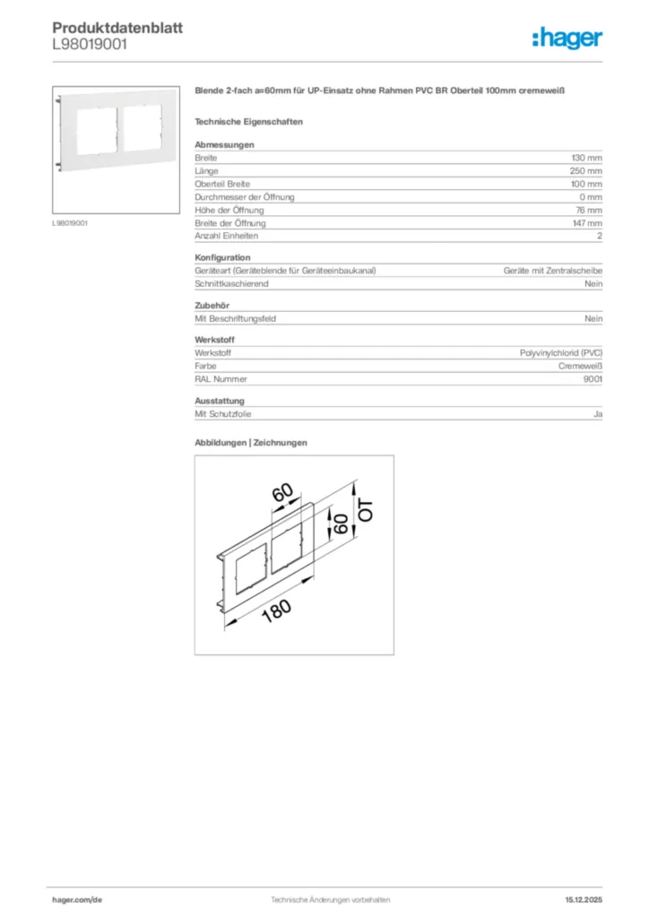 Bild Hager Produktdatenblatt L98019001 | Hager Deutschland