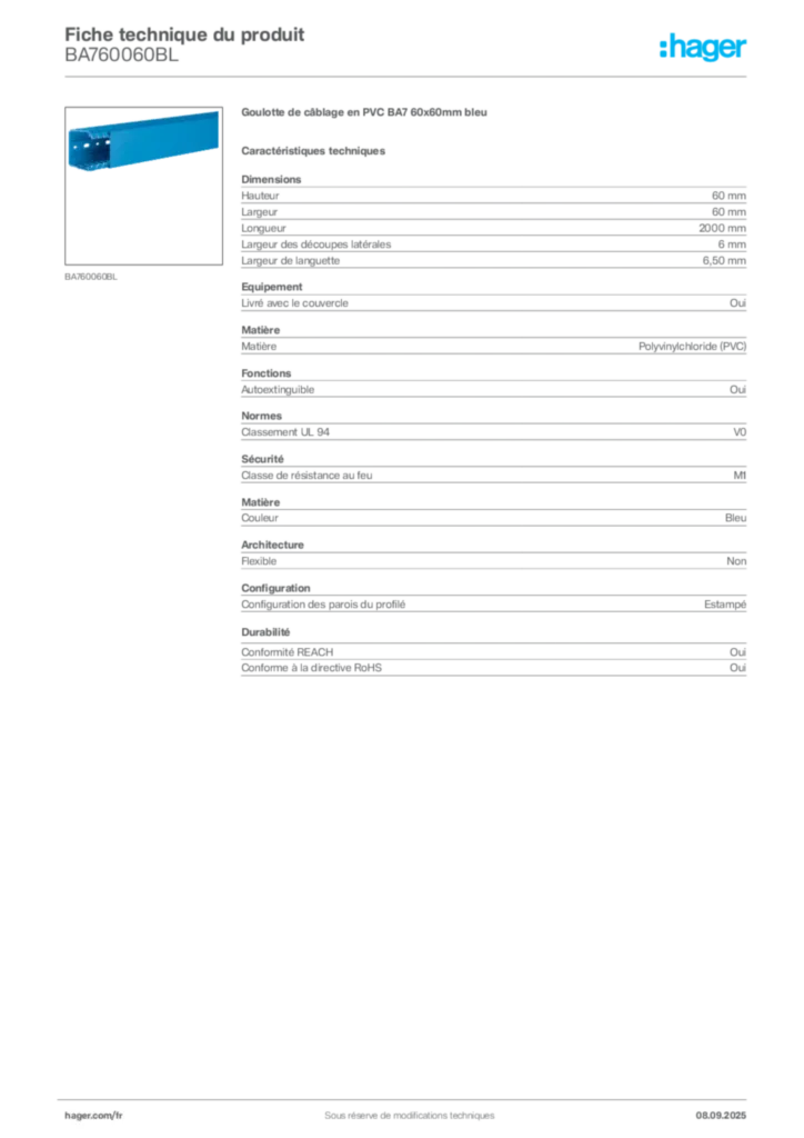 Image Hager Fiche technique du produit BA760060BL | Hager France