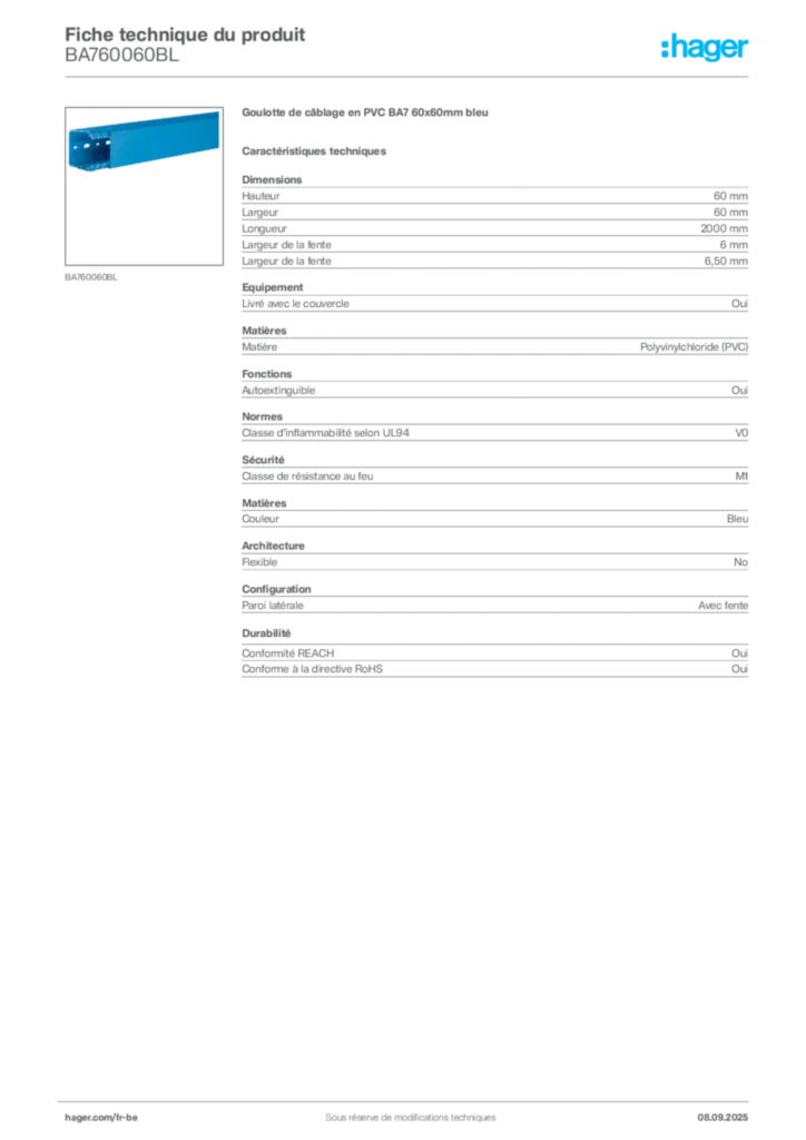 Image Hager Fiche technique du produit BA760060BL | Hager Belgique
