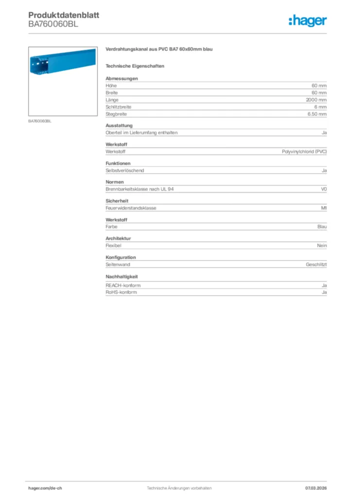 Bild Hager Produktdatenblatt BA760060BL | Hager Schweiz