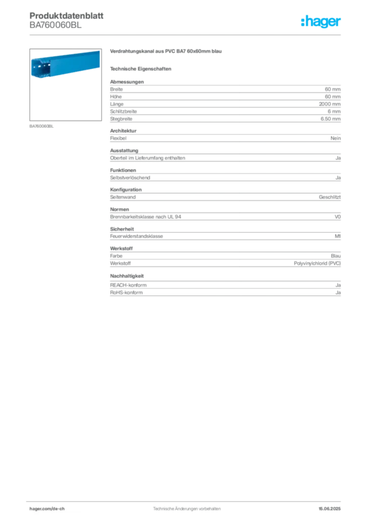 Bild Hager Produktdatenblatt BA760060BL | Hager Schweiz