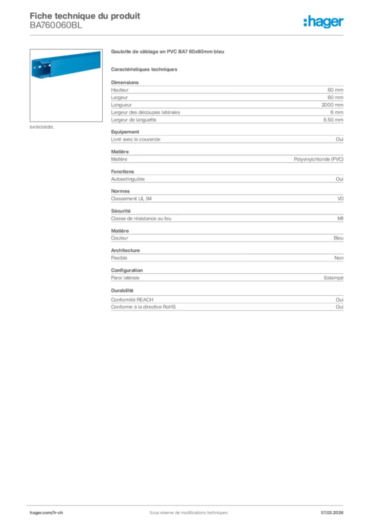 Image Hager Fiche technique du produit BA760060BL | Hager Suisse