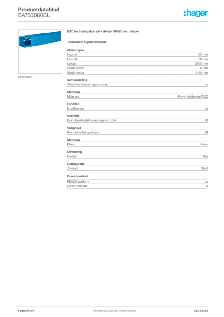 Afbeelding Hager Productdatablad BA760060BL | Hager Nederland
