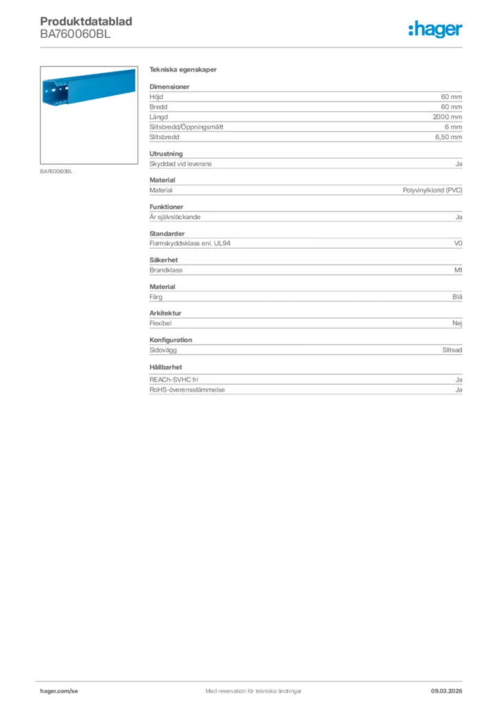 Bild Hager Produktdatablad BA760060BL | Hager Sverige
