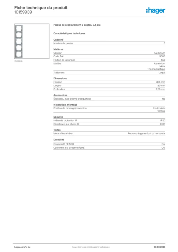 Image Hager Fiche technique du produit 10159939 | Hager Belgique