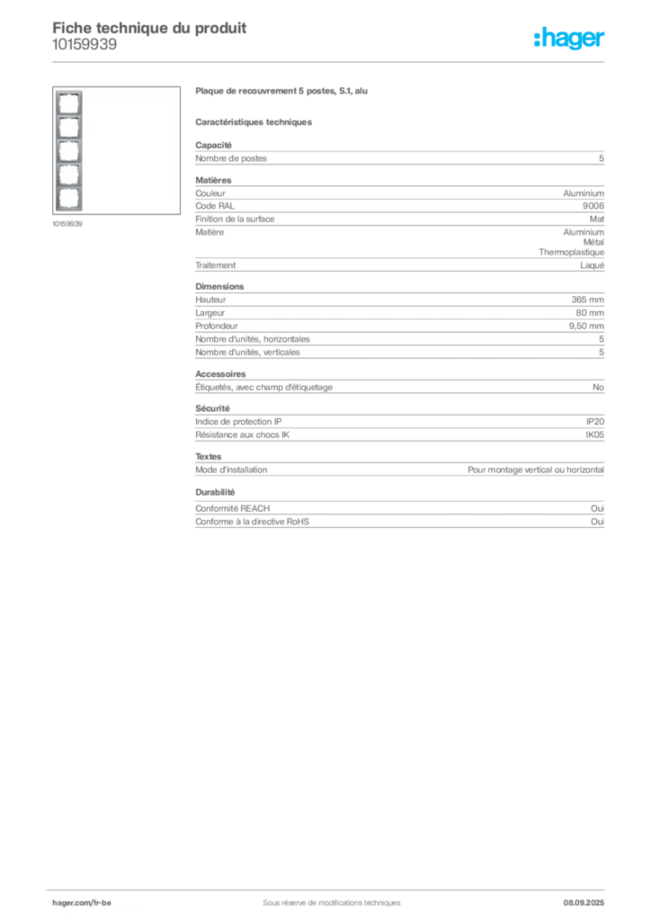 Image Hager Fiche technique du produit 10159939 | Hager Belgique