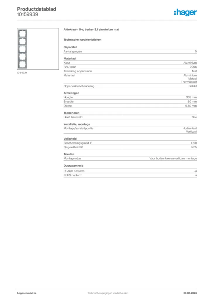 Afbeelding Hager Productdatablad 10159939 | Hager Belgium