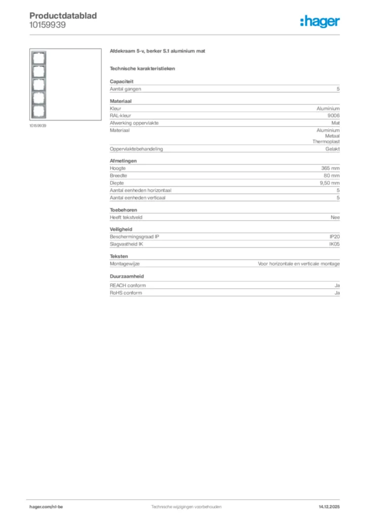 Afbeelding Hager Productdatablad 10159939 | Hager Belgium