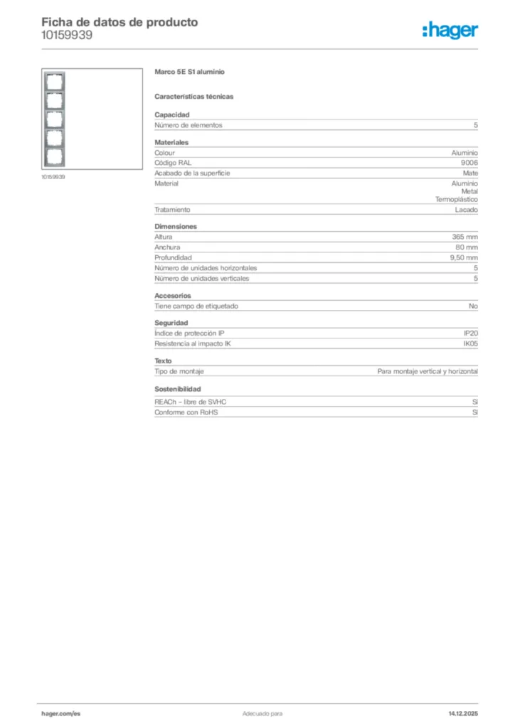 Imagen Hager Ficha de datos de producto 10159939 | Hager España